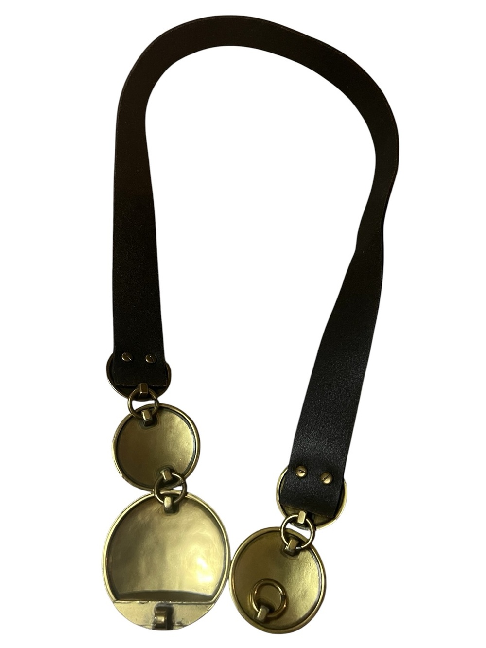 Coldwater Creek black leather and antique hammered gold medallion belt western - Picture 3 of 7